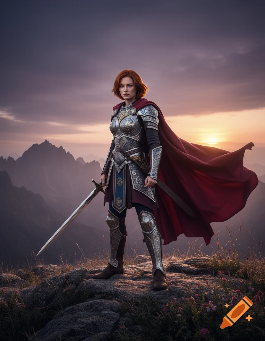 A formidable female warrior in ornate armor and a red cape stands on a rocky mountain peak, holding a sword at sunset.