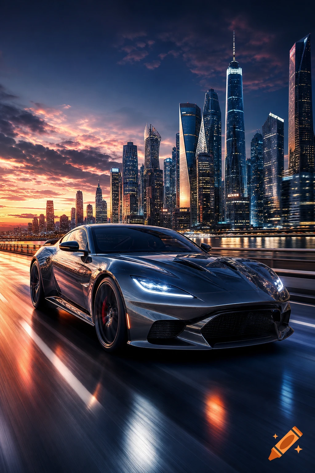 A sleek black sports car speeds on a multi-lane highway at sunset, with a vibrant city skyline in the background.