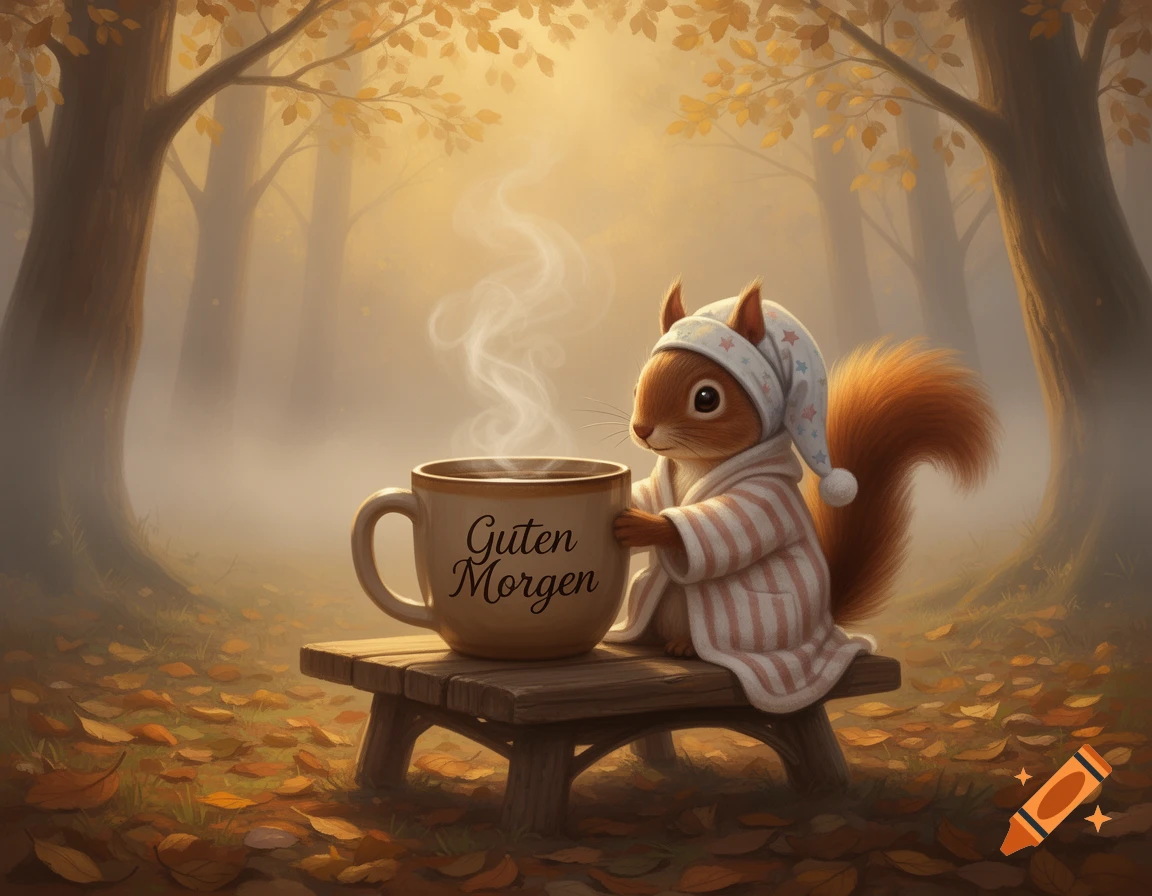 A cute squirrel in a striped robe and sleep cap holds a steaming coffee mug with 'Guten Morgen' on it, in a foggy autumn forest.