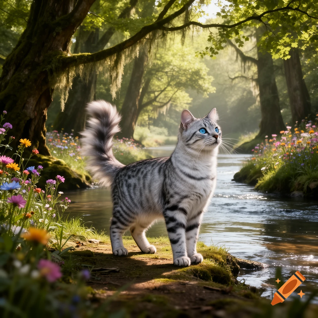 A silver tabby cat with striking blue eyes stands on a mossy bank by a stream, surrounded by wildflowers and a sun-dappled forest.