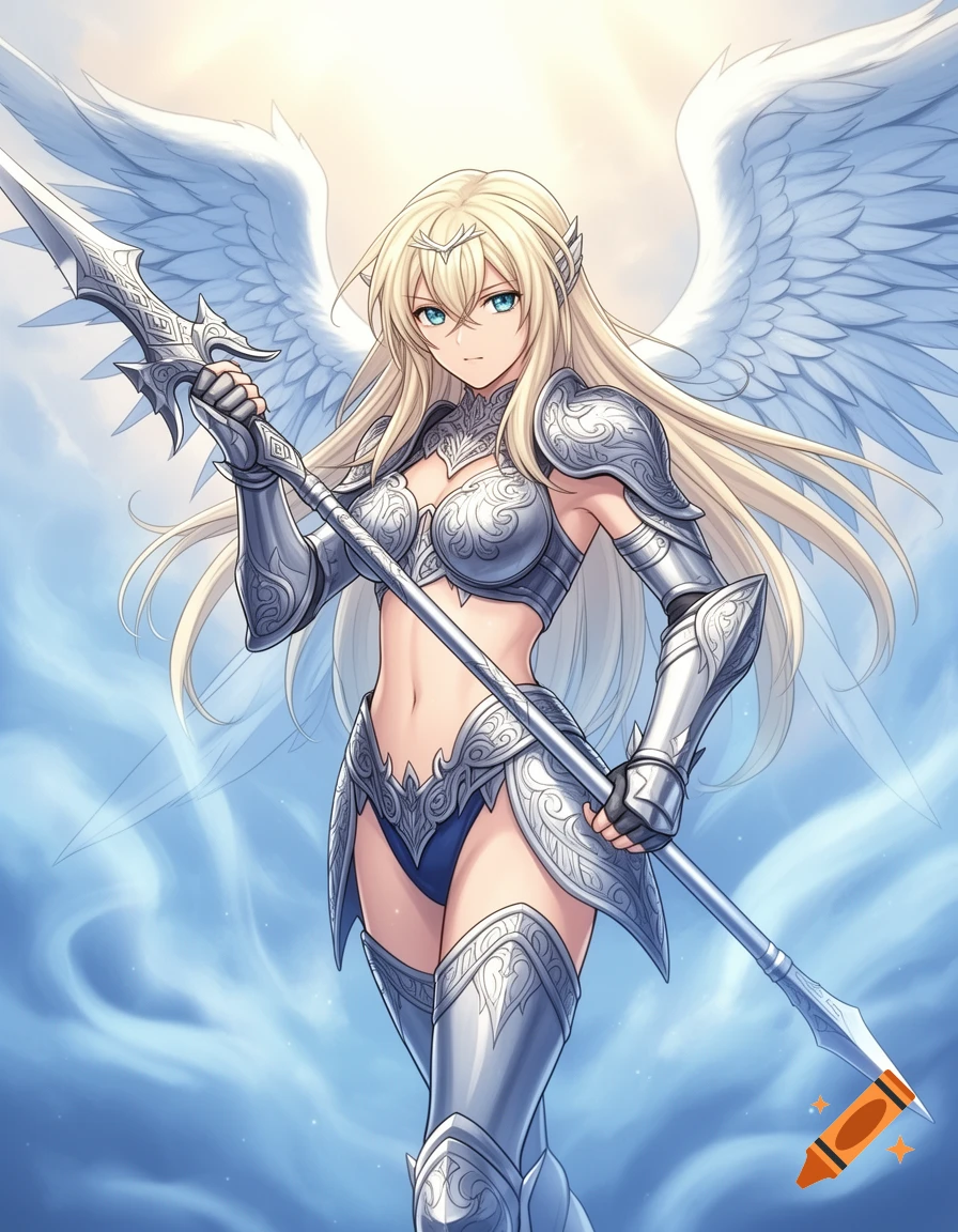 An anime Valkyrie with long blonde hair and blue eyes, wearing silver armor with large white wings, holding a spear.