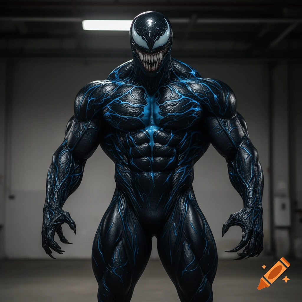 A photorealistic, hyper-muscular Venom-like figure in a black symbiote suit with glowing blue veins, sharp teeth, and white eyes, in a dark room.