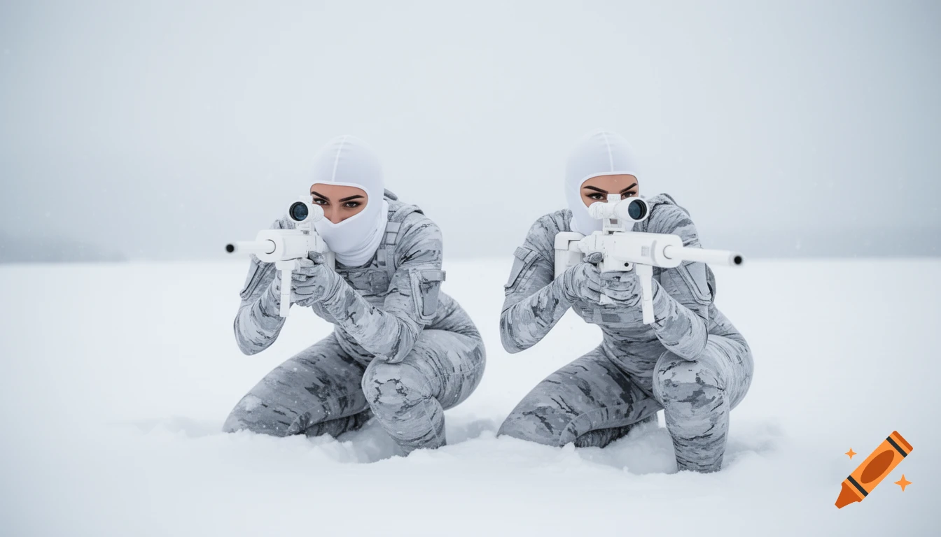 Two women in white snow camo tactical gear and balaclavas crouch in snow, aiming white sniper rifles.