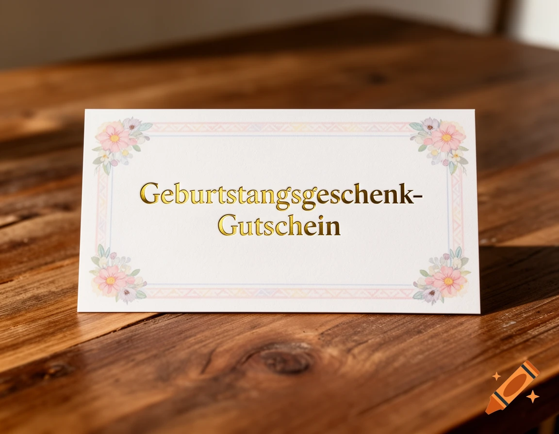 A white gift voucher with gold embossed German text 'Geburtstagsgeschenk-Gutschein' and delicate floral corners, lying on a wooden table.
