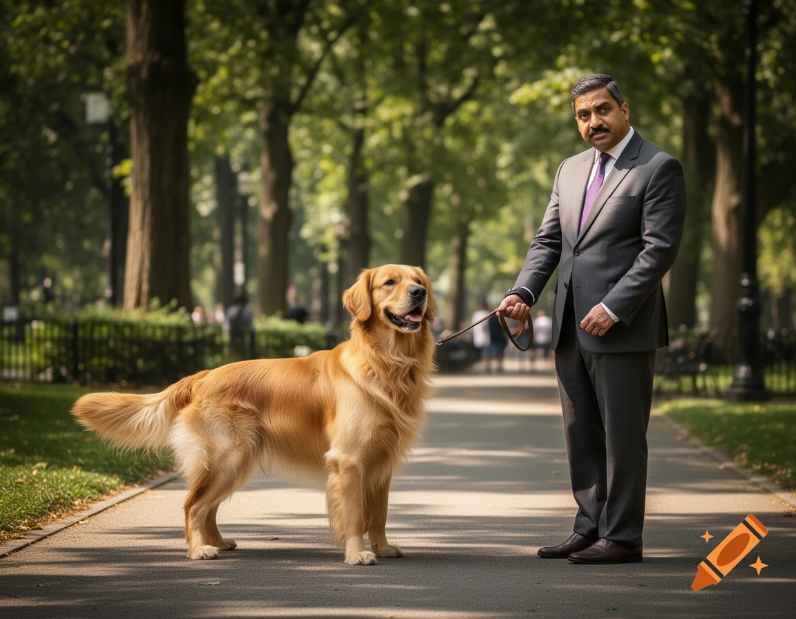 A man in a suit holds the leash of a golden retriever, walking on a paved path in a lush green park.