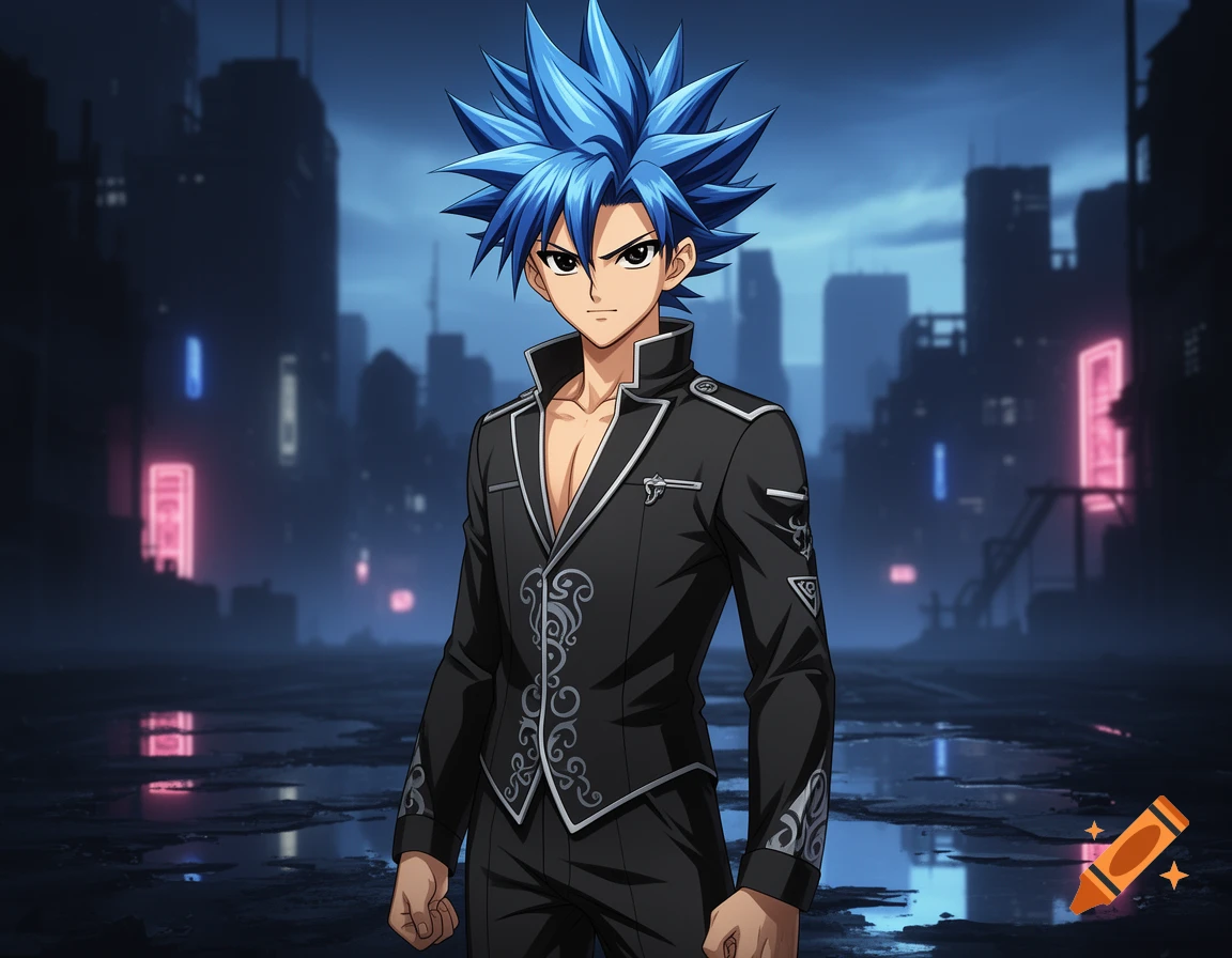 Anime boy with spiky blue hair and a black suit with silver details stands in a dark, neon-lit city at night.
