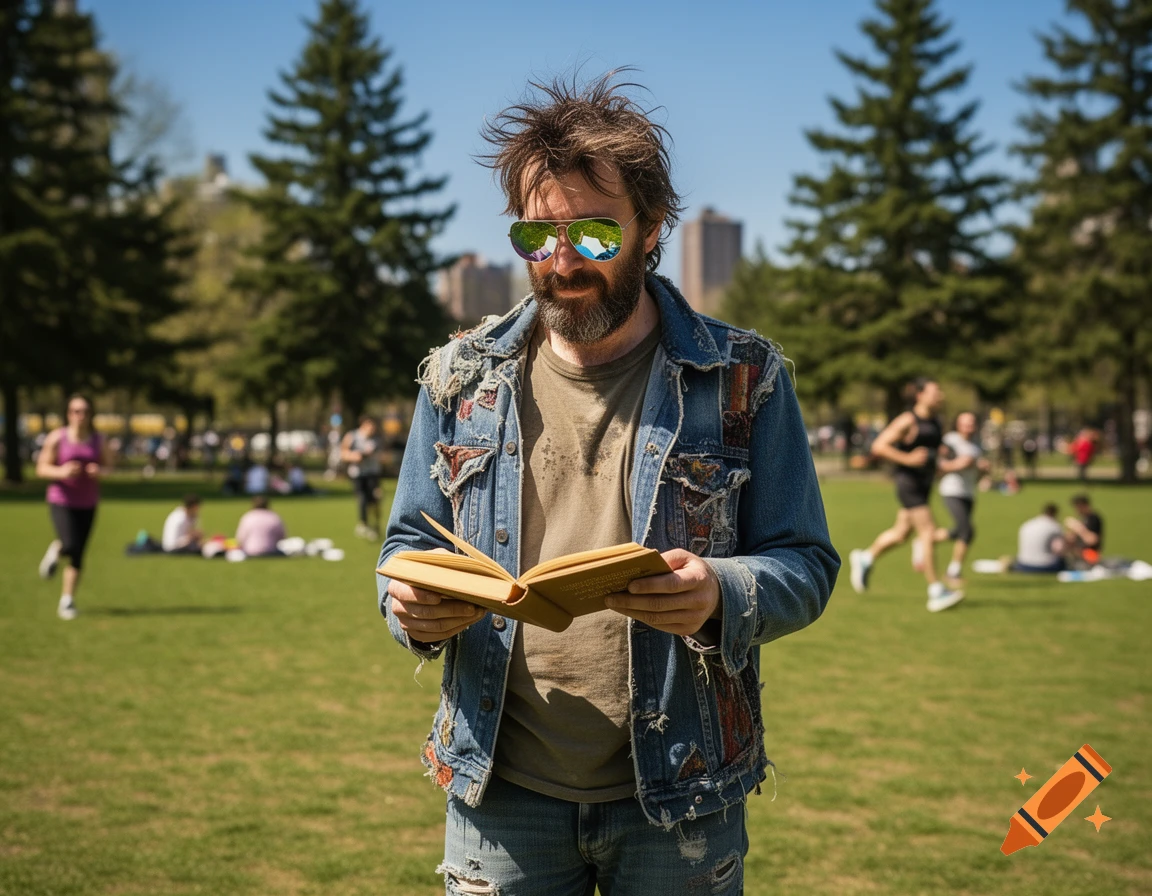 An unkempt man with a beard and sunglasses reads a book in a sunny park.