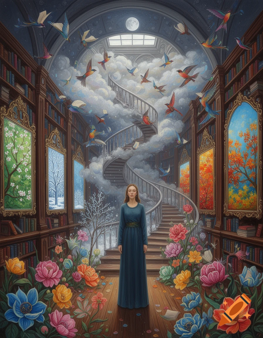 A woman stands in a surreal library with flying birds, cloud stairs, seasonal window views, and giant flowers on the floor. Dreamlike painting.