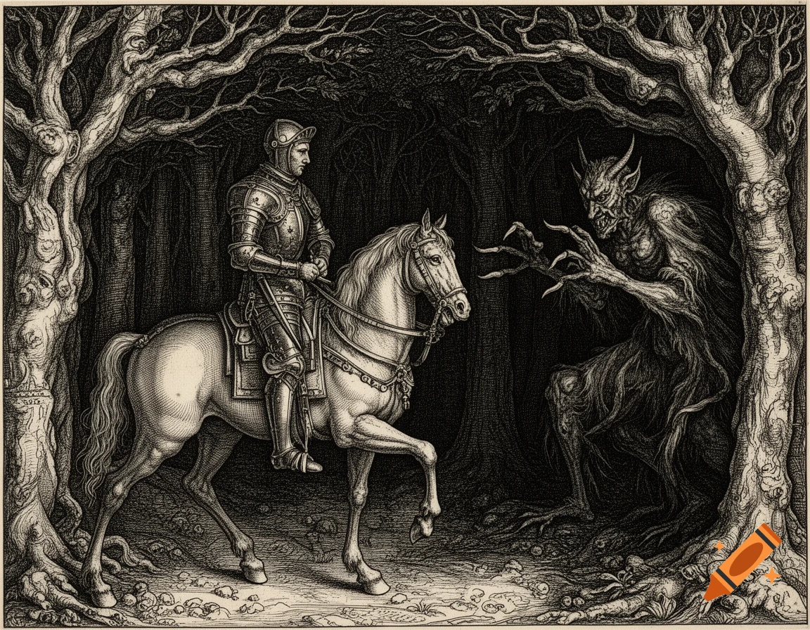 An armored knight on horseback confronts a menacing devil in a dark, twisted forest, depicted in a Dürer copper engraving style.