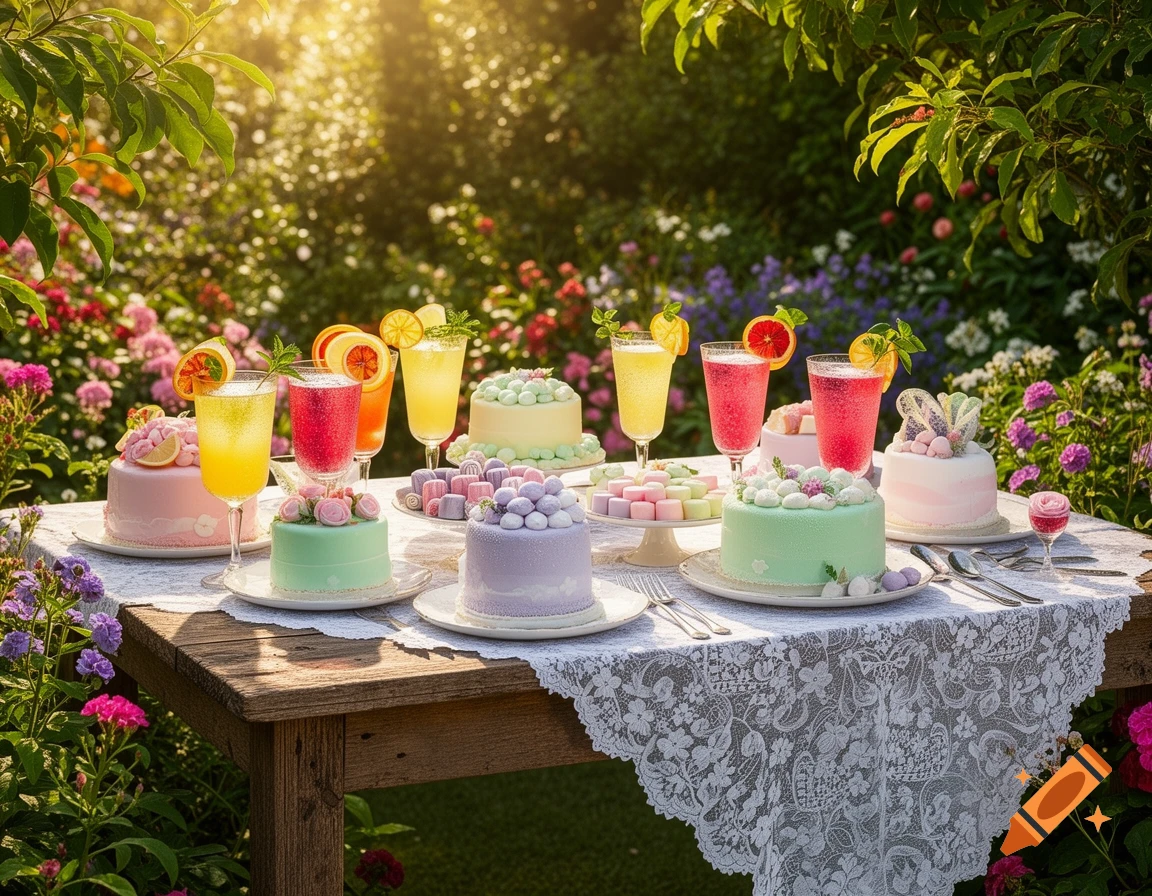 Vibrant garden party table set with pastel cakes, colorful cocktails, and assorted sweets under golden sunlight.