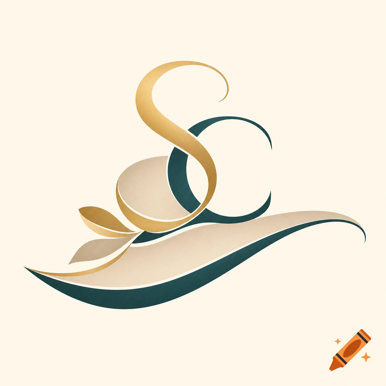 Elegant abstract logo with intertwined gold 'S' and dark teal 'C' letters forming a hat-like shape on a cream background.