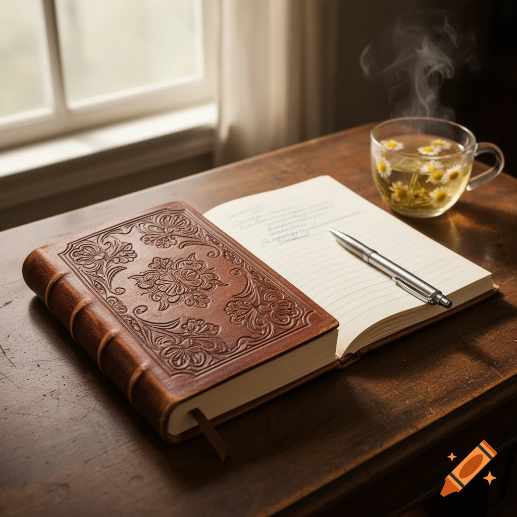 A brown leather-bound journal, open with a pen and handwritten text, next to a steaming cup of chamomile tea on a wooden desk.