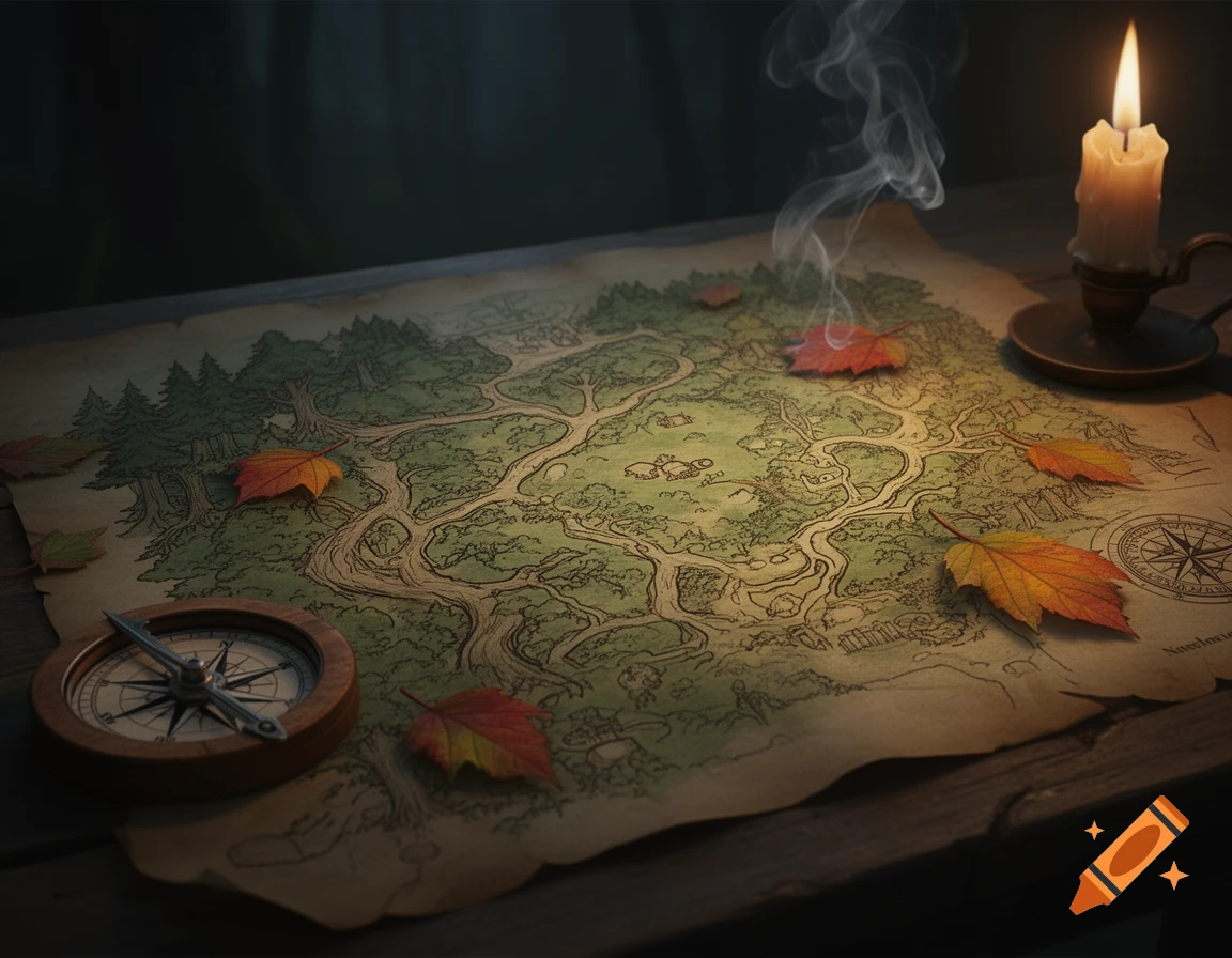 An illuminated fantasy forest map with autumn leaves, a lit candle, and a compass on a wooden table.