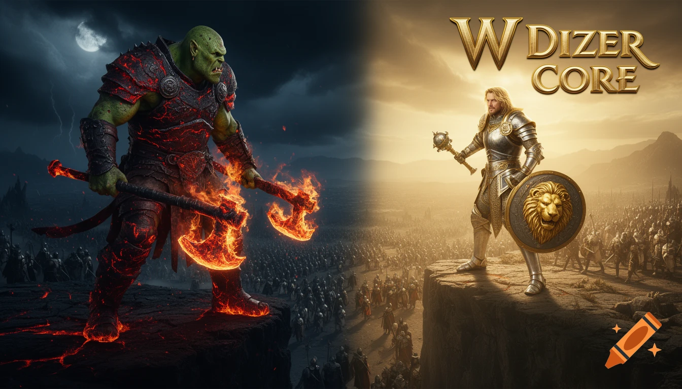 A photorealistic fantasy battle scene featuring a green orc with fiery axes on a dark cliff opposing a paladin with a lion shield on a sunny cliff, armies below.
