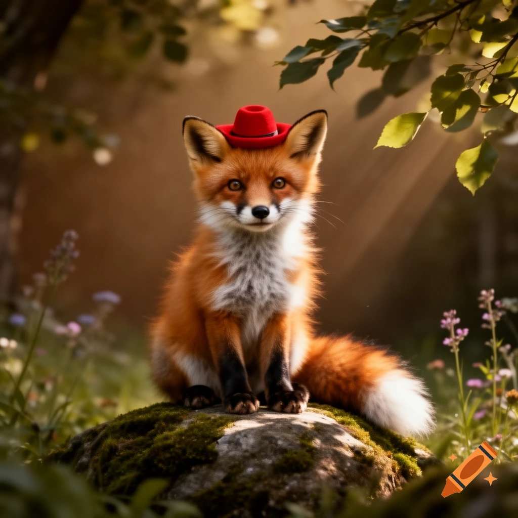 A cute, photorealistic red fox wearing a small red hat, sitting on a mossy rock in a sun-dappled forest.