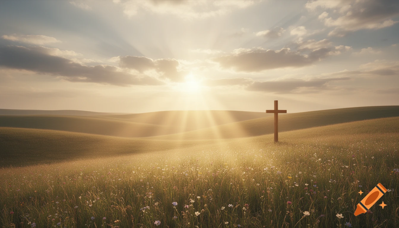 A wooden cross stands in a field of green grass and wildflowers under a sky with sun rays shining through clouds at sunset.