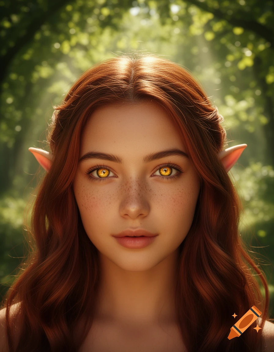 Photorealistic portrait of a young elf woman with brownish-red hair, golden eyes, and freckles in a sun-dappled forest.