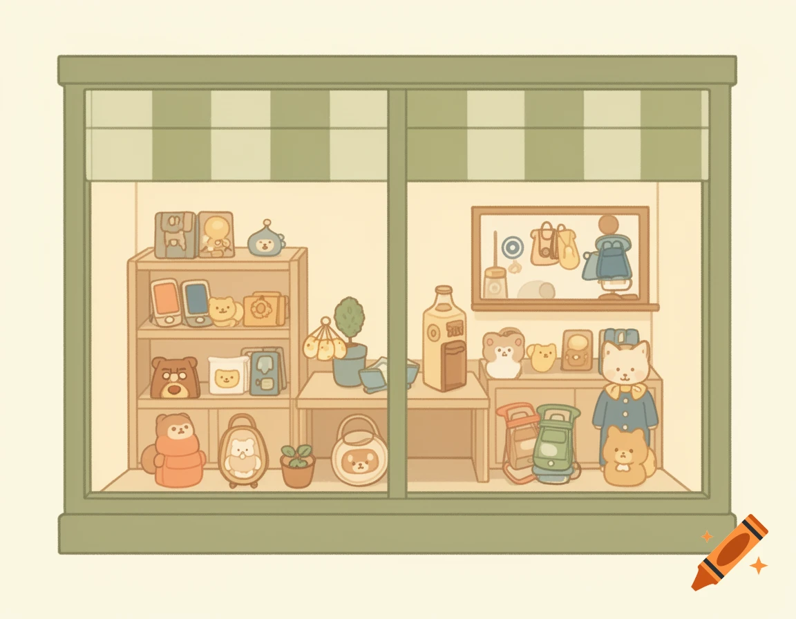 A cute 2D illustration of a shop window displaying stylized cartoon animal figures, phones, bottles, and bags in soft, warm colors.