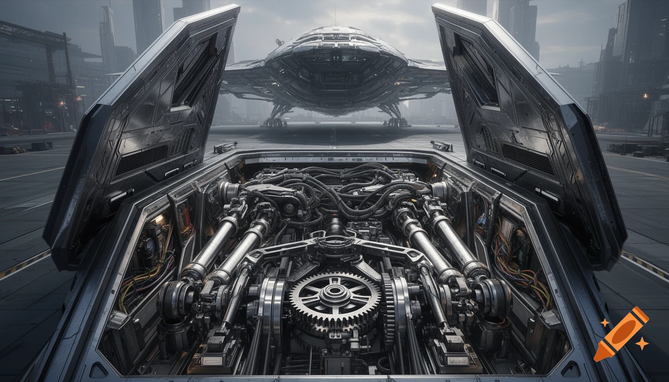 Photorealistic cinematic view inside a futuristic spacecraft's open landing gear bay, revealing intricate mechanical parts. A large spaceship in background.