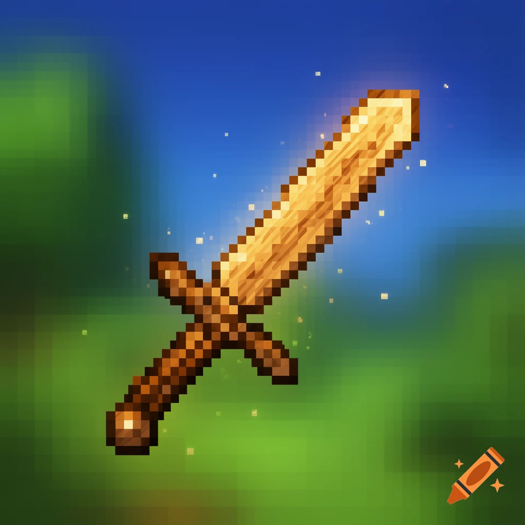 A pixelated wooden sword with a glowing golden blade, floating against a blurred green and blue background in Minecraft style.