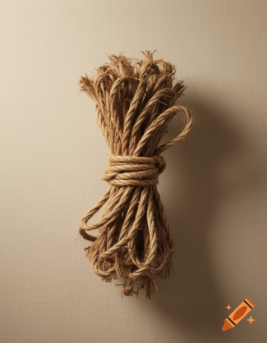 A tightly bound coil of brown rope with frayed ends rests on a textured beige background.