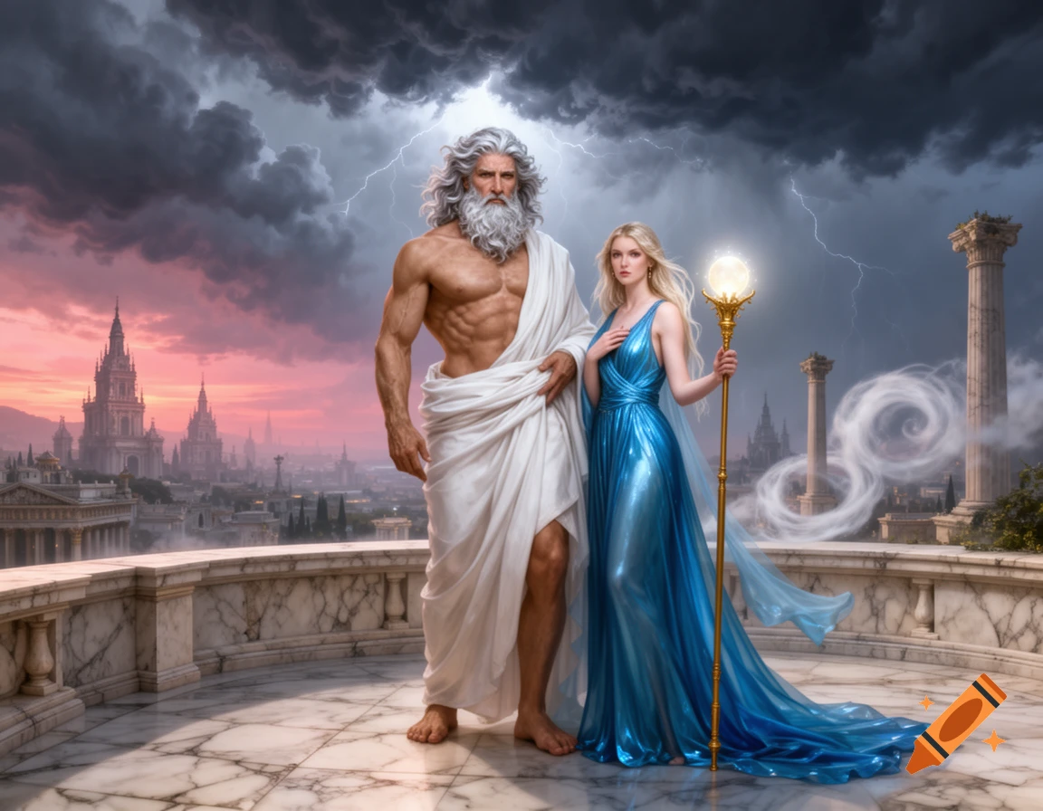 Zeus and a goddess in blue on a marble balcony overlooking an ancient city under a stormy, lightning-filled sky.