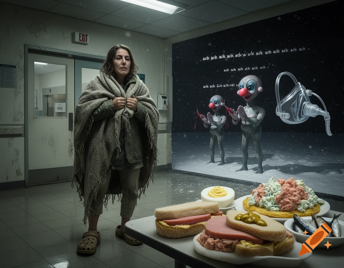 A woman in a blanket stands in a grimy hospital corridor facing two red-nosed clown-aliens and a CPAP mask on a black wall with "ack ack ack" text. A table in the foreground holds various unappetizing food items.