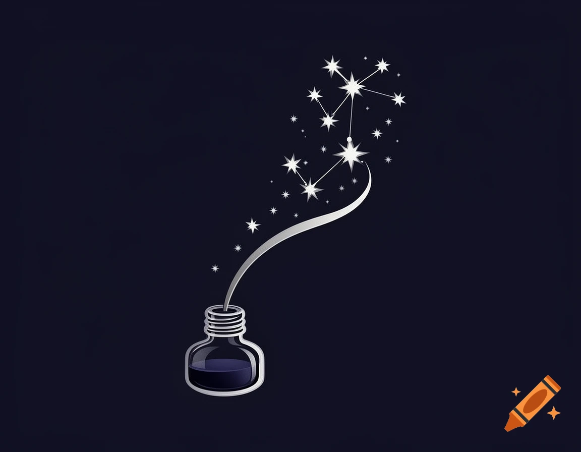 A stylized illustration of an inkwell with dark ink, from which a silver line flows upward and transforms into a constellation of shining stars against a dark background.