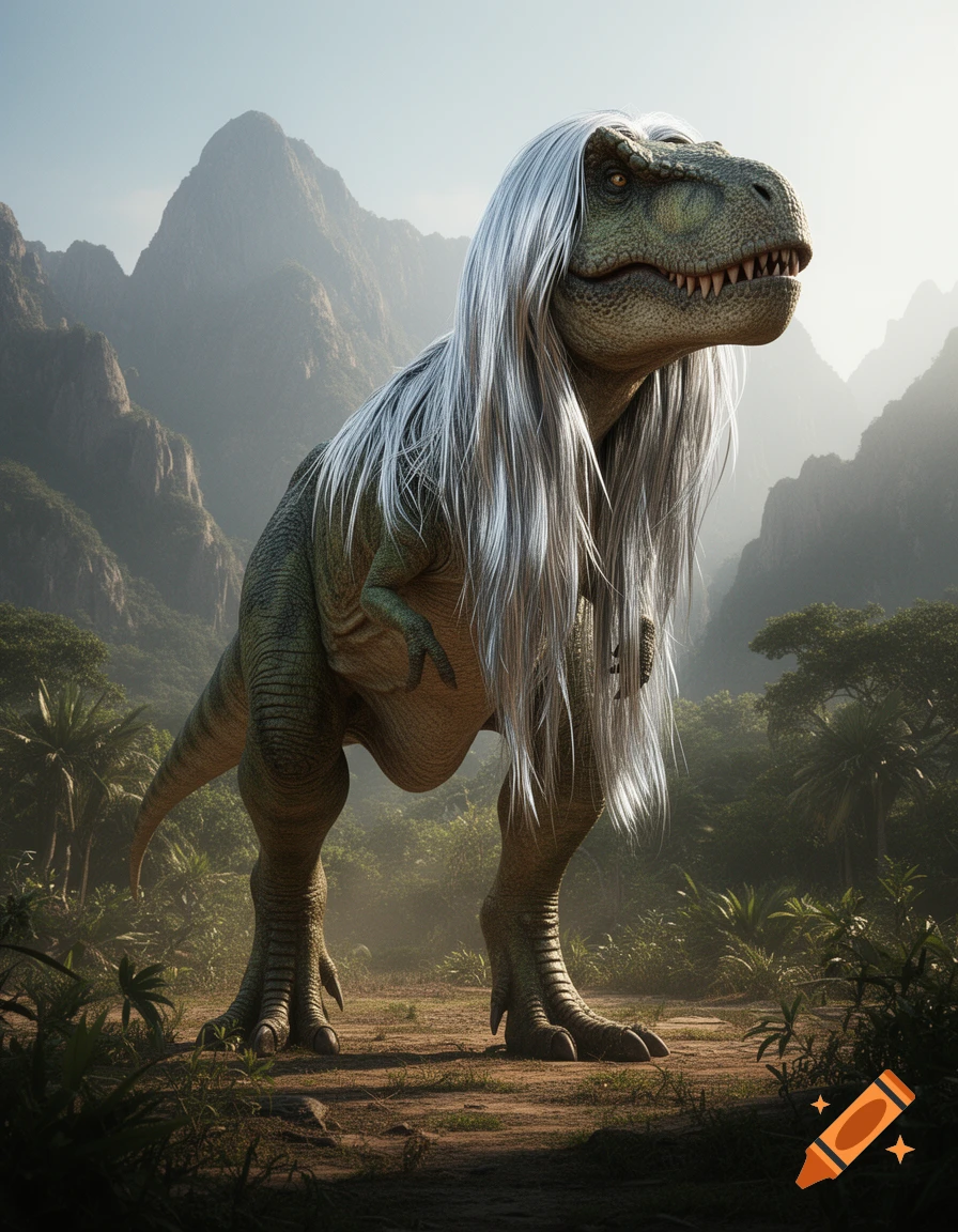 A realistic T-Rex with long, flowing silver hair stands in a lush, mountainous jungle.