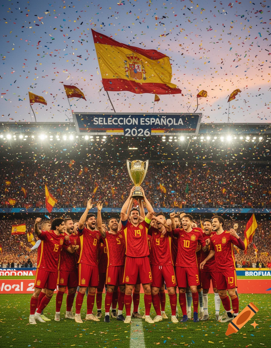 Spanish national soccer team celebrating a championship victory on a confetti-strewn field at a stadium, holding a trophy aloft.
