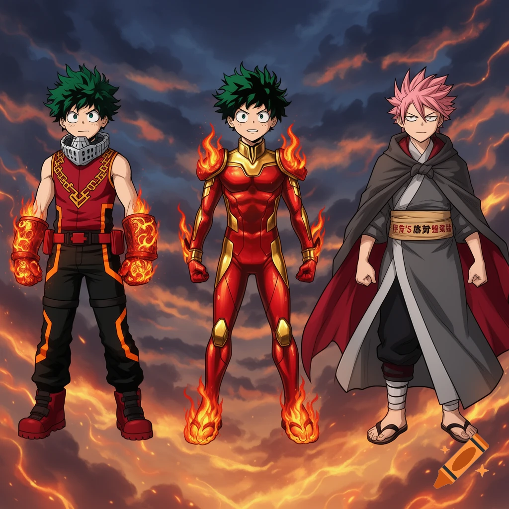 Three anime-style male characters, two with green hair and fire powers, one with pink hair, stand against a fiery sky.