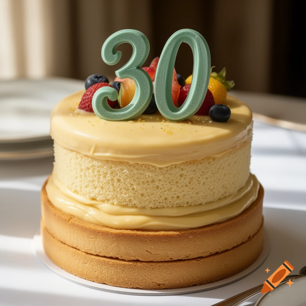 Photorealistic two-tier birthday cake with a green '30' topper, topped with fresh berries and yellow glaze, on a white table.
