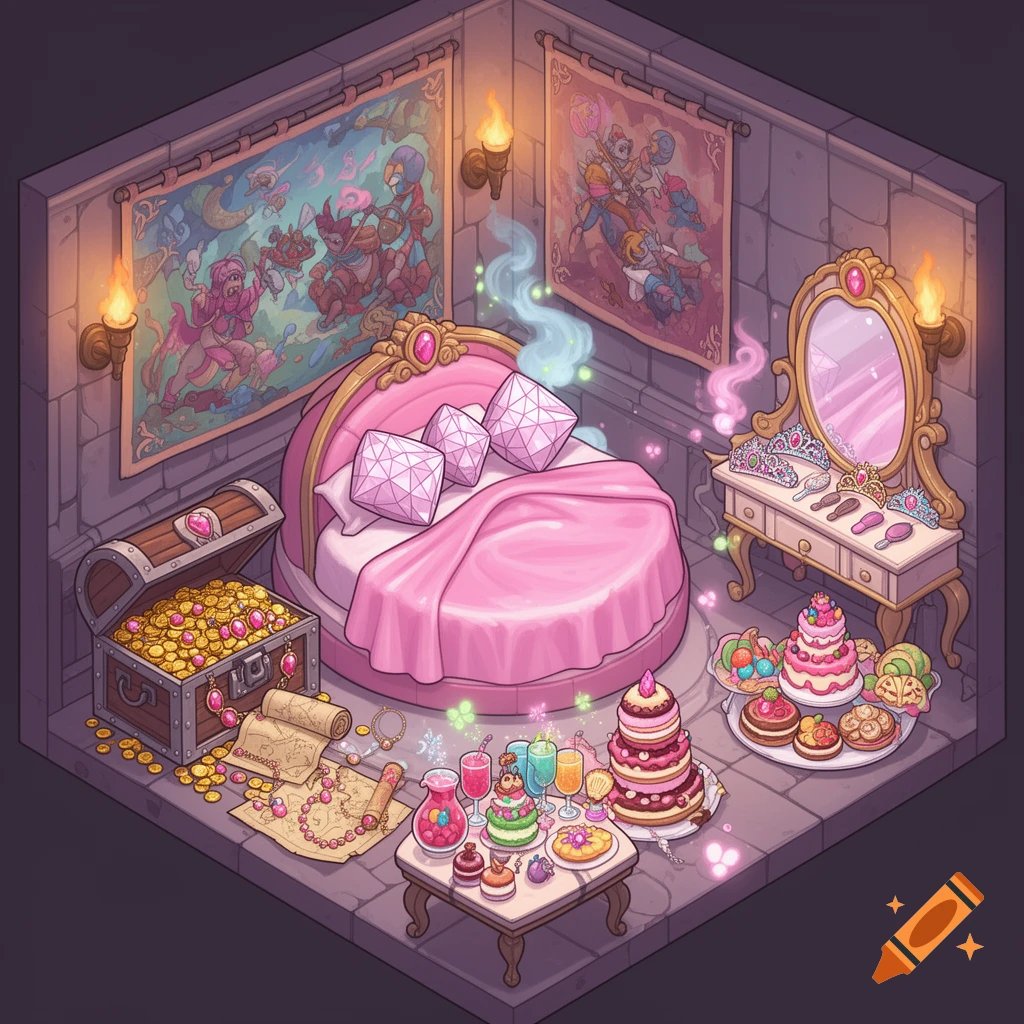 An isometric view of a lavish pink princess's room with a round bed, treasure chest, vanity, and a table laden with desserts.