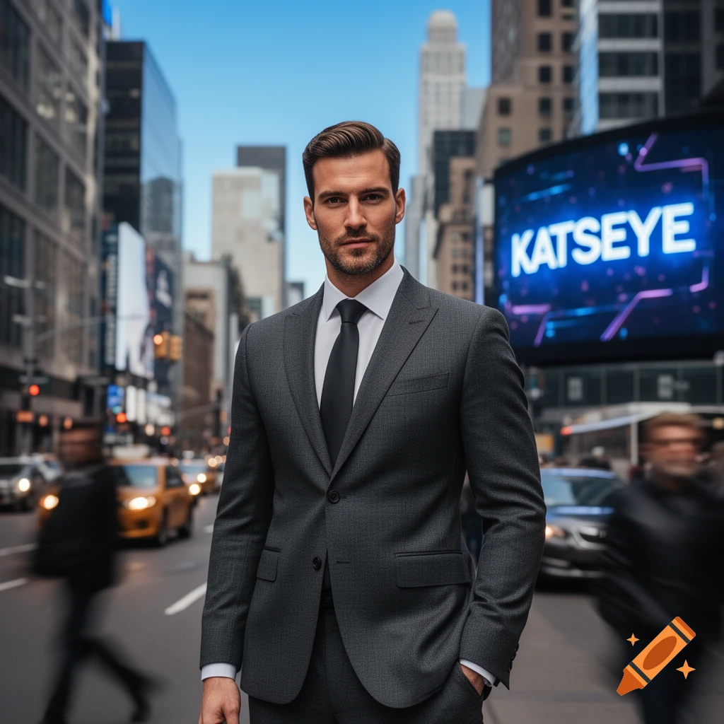 A photorealistic man in a dark suit stands confidently on a bustling city street with skyscrapers and a 'KATSEYE' sign.