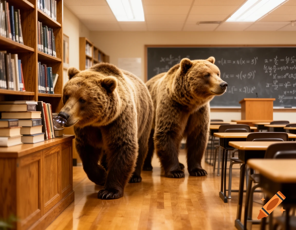 Two large grizzly bears inside a brightly lit classroom with bookshelves and a blackboard with equations.