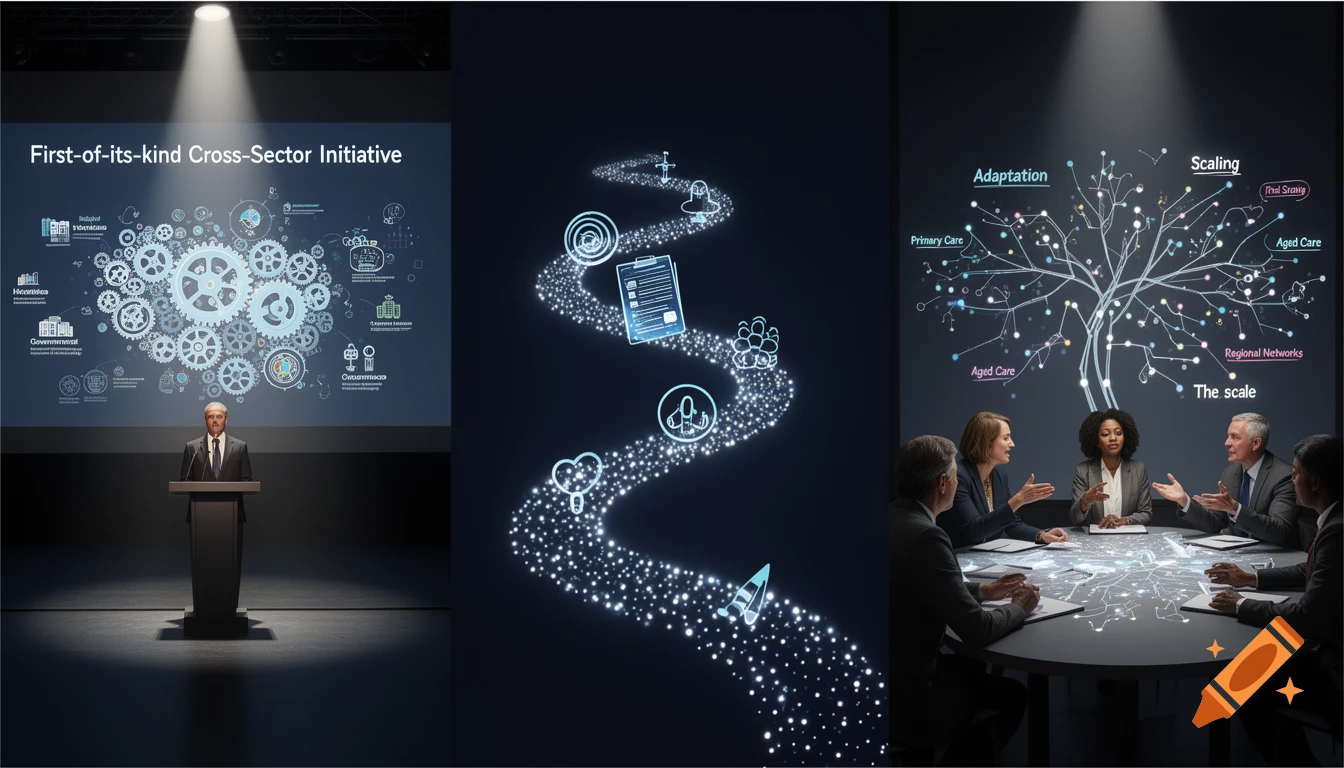 A triptych image shows a man speaking at a podium with a gear infographic, a glowing path with icons, and a panel discussion with a tree-like network diagram.