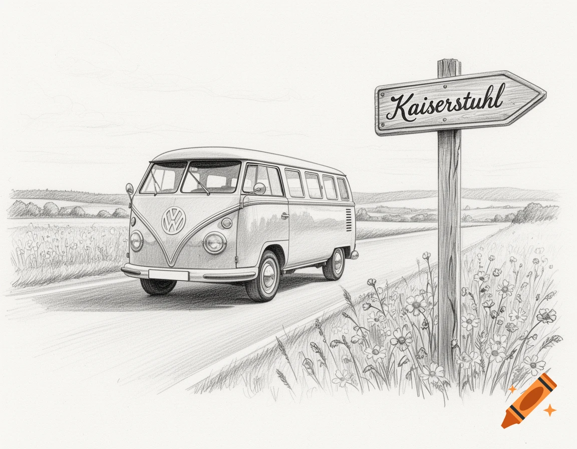 Pencil sketch of a classic VW bus on a country road passing a sign pointing to Kaiserstuhl, with fields and hills.