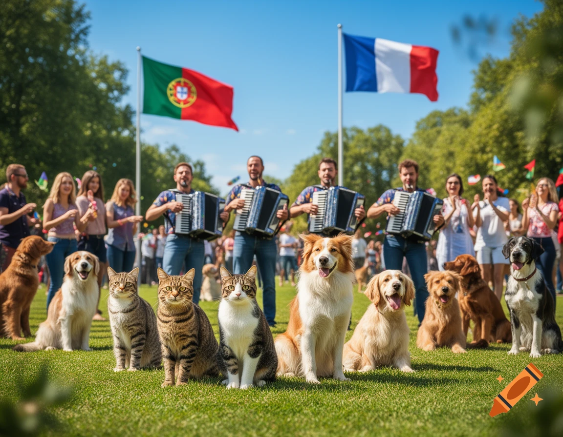 Dogs and cats sit on green grass in a park, with people playing accordions and large Portuguese and French flags waving in the background.