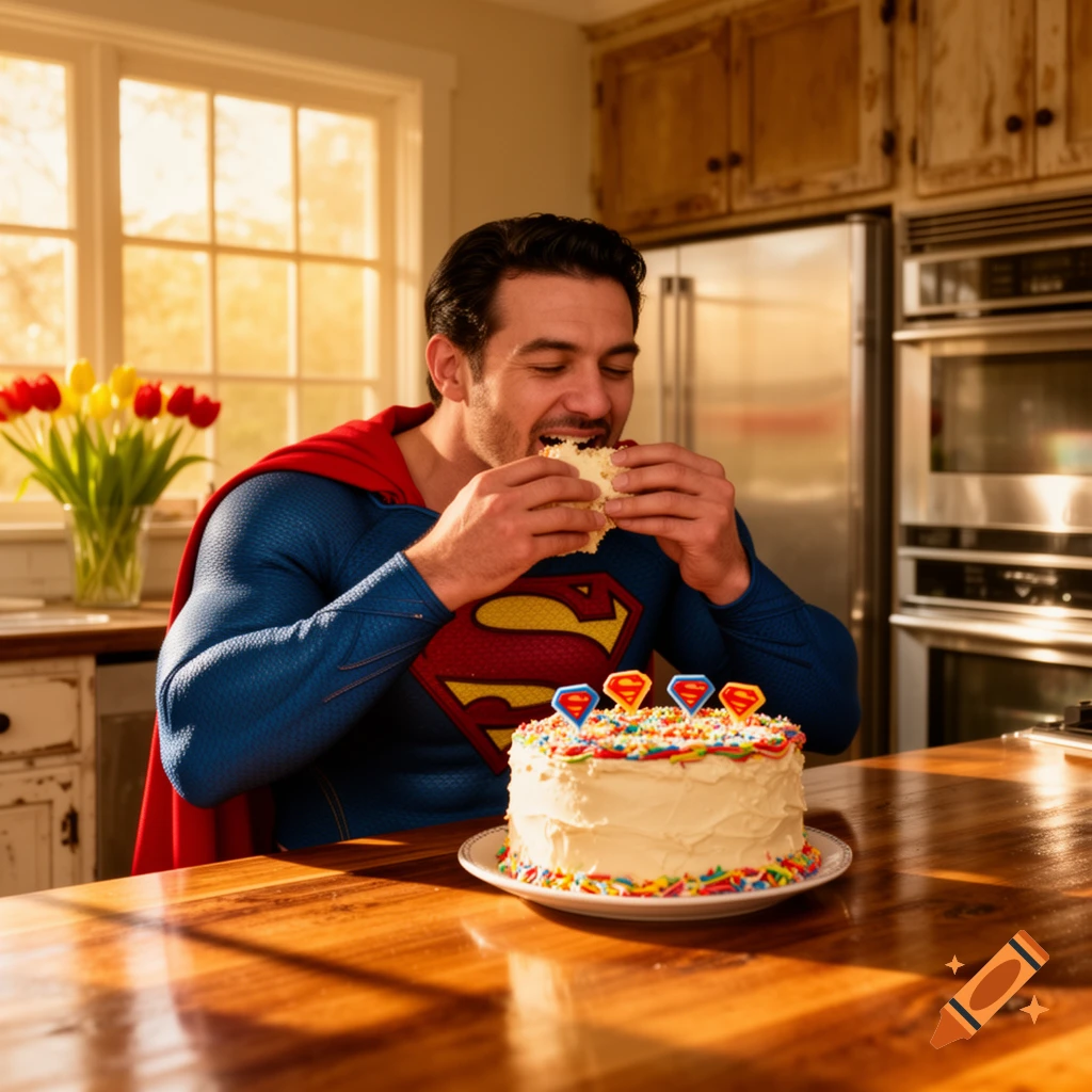 Photorealistic Superman happily eating a slice of cake at a wooden kitchen table, with a decorated cake and logo toppers.