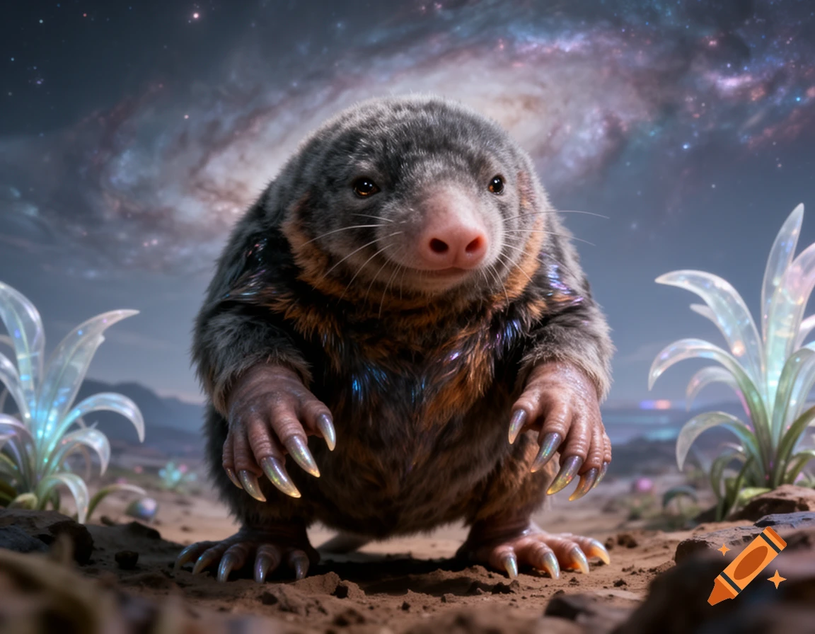 A mole-like creature with glowing claws and iridescent fur stands on brown soil under a starry, cosmic sky with glowing, crystalline plants.