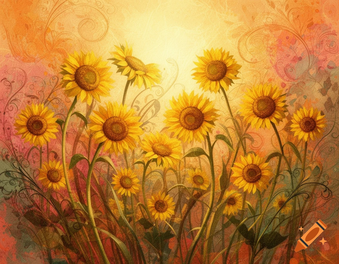 Vibrant bohemian art print of sunflowers with a textured, warm-toned background and decorative swirls.