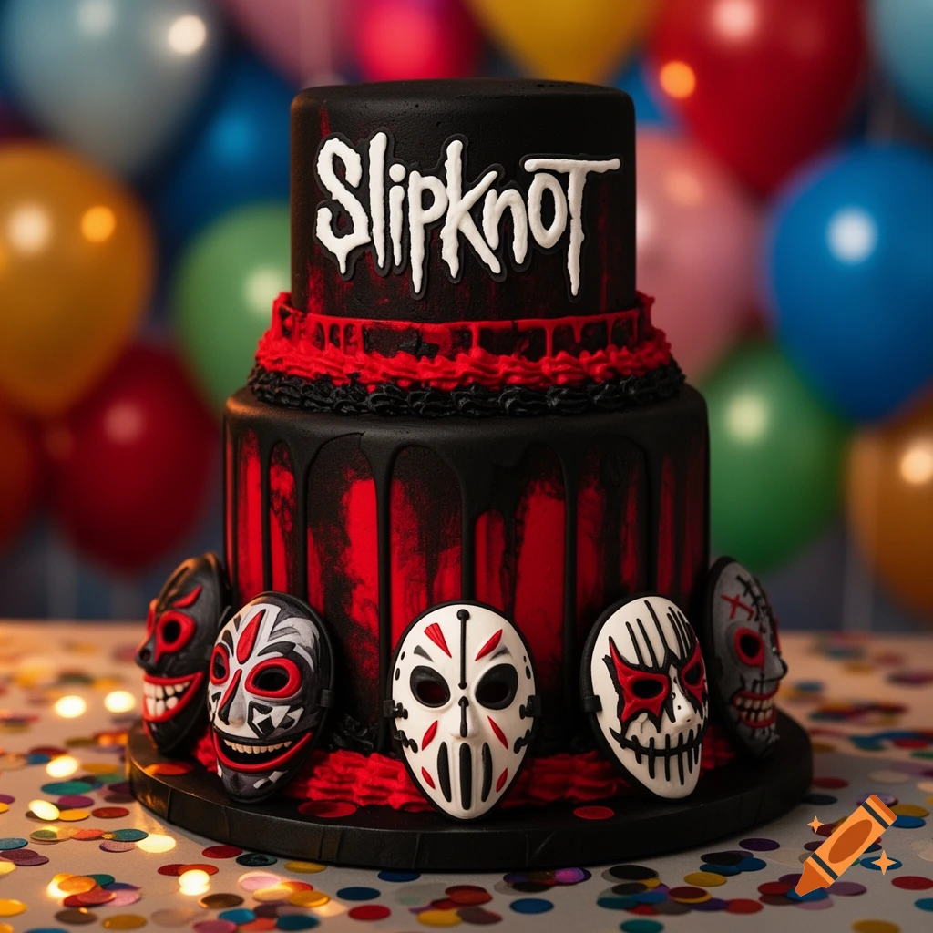 A black and red two-tier Slipknot-themed birthday cake, adorned with masks and red frosting drips, on a confetti-strewn table.