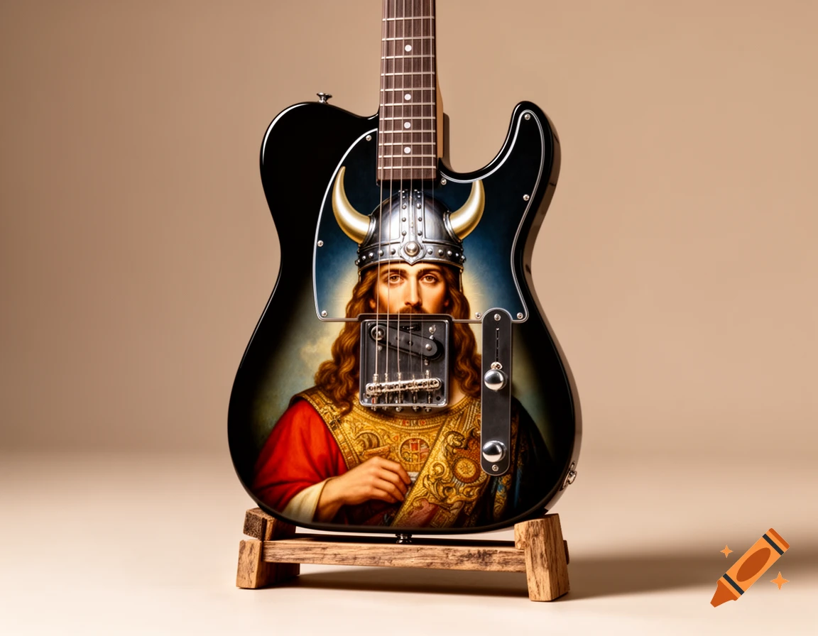 A black Fender Telecaster guitar on a wooden stand, featuring a painted image of Jesus wearing a viking helmet on its body.