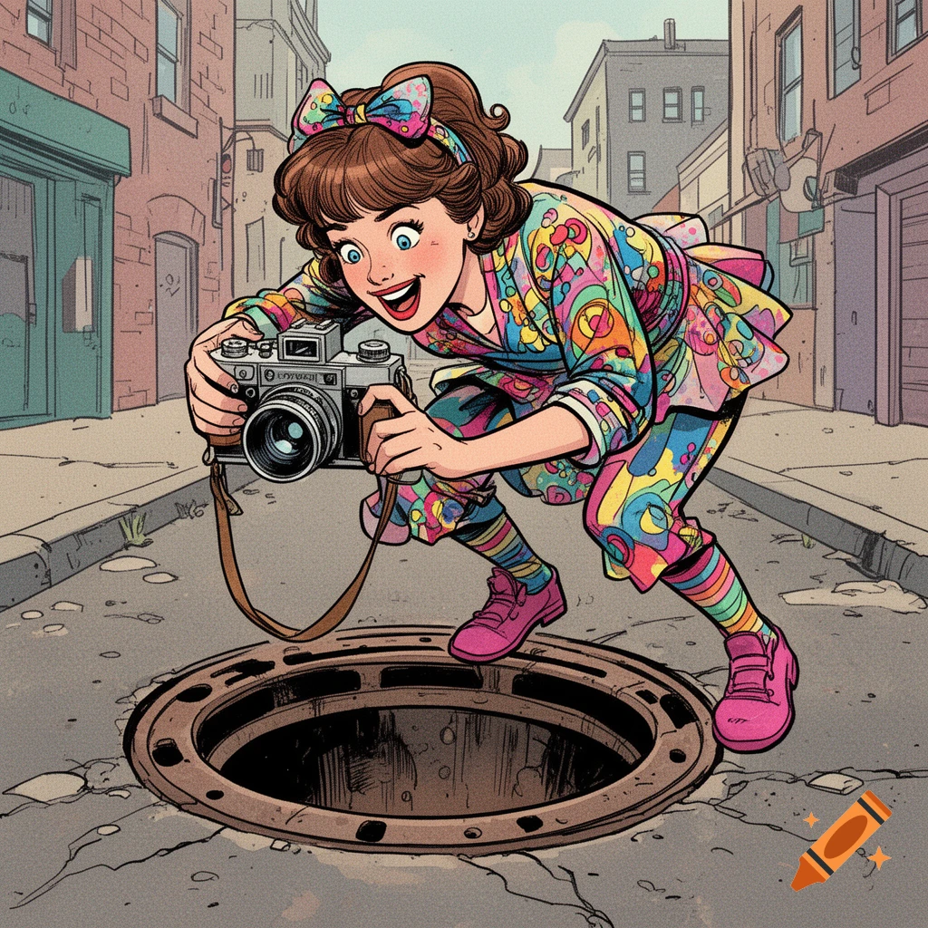 A cartoon woman in a colorful outfit crouches over a manhole, holding a vintage camera and smiling in an urban street.