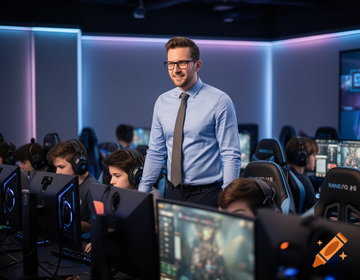An esports coach in a blue button-up shirt and tie smiles while standing in a gaming arena with young players at computers.