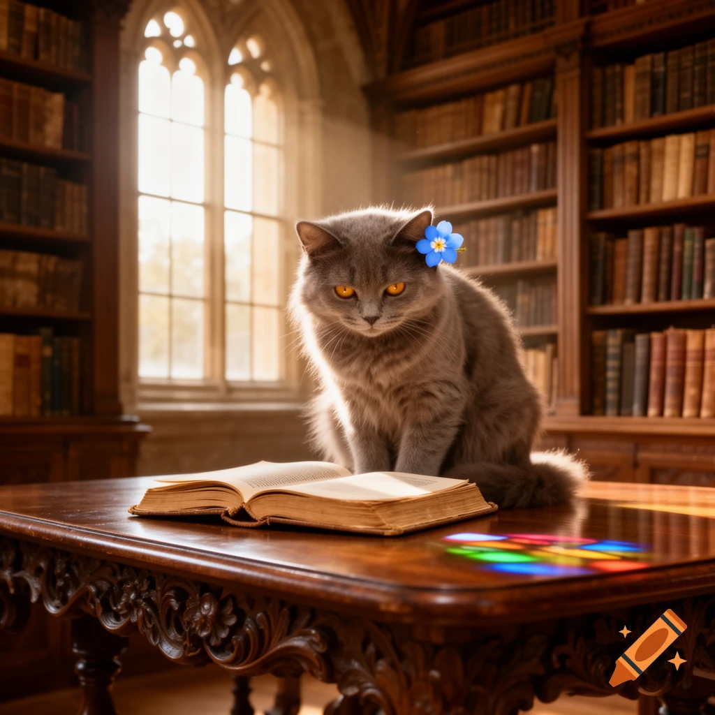 A fluffy grey cat with a blue flower behind its ear sits on a wooden table next to an open book in a sunlit library, photorealistic.