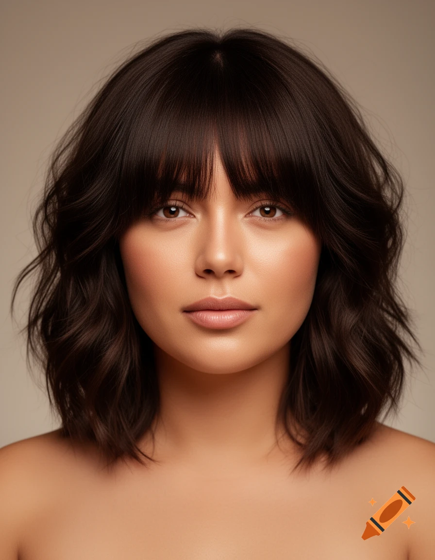 Close-up photorealistic portrait of a woman with dark brown, wavy bob hair and bangs, bare shoulders, against a light background.