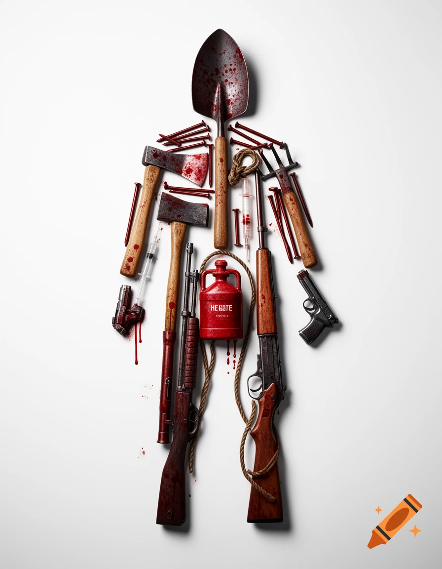 A human silhouette formed by bloody tools and weapons like a shovel, axes, rifles, pistols, and syringes on a white background.