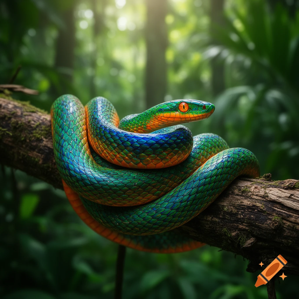 A vibrant green, blue, and orange snake with striking scales coiled on a mossy tree branch in a lush jungle under dappled sunlight.