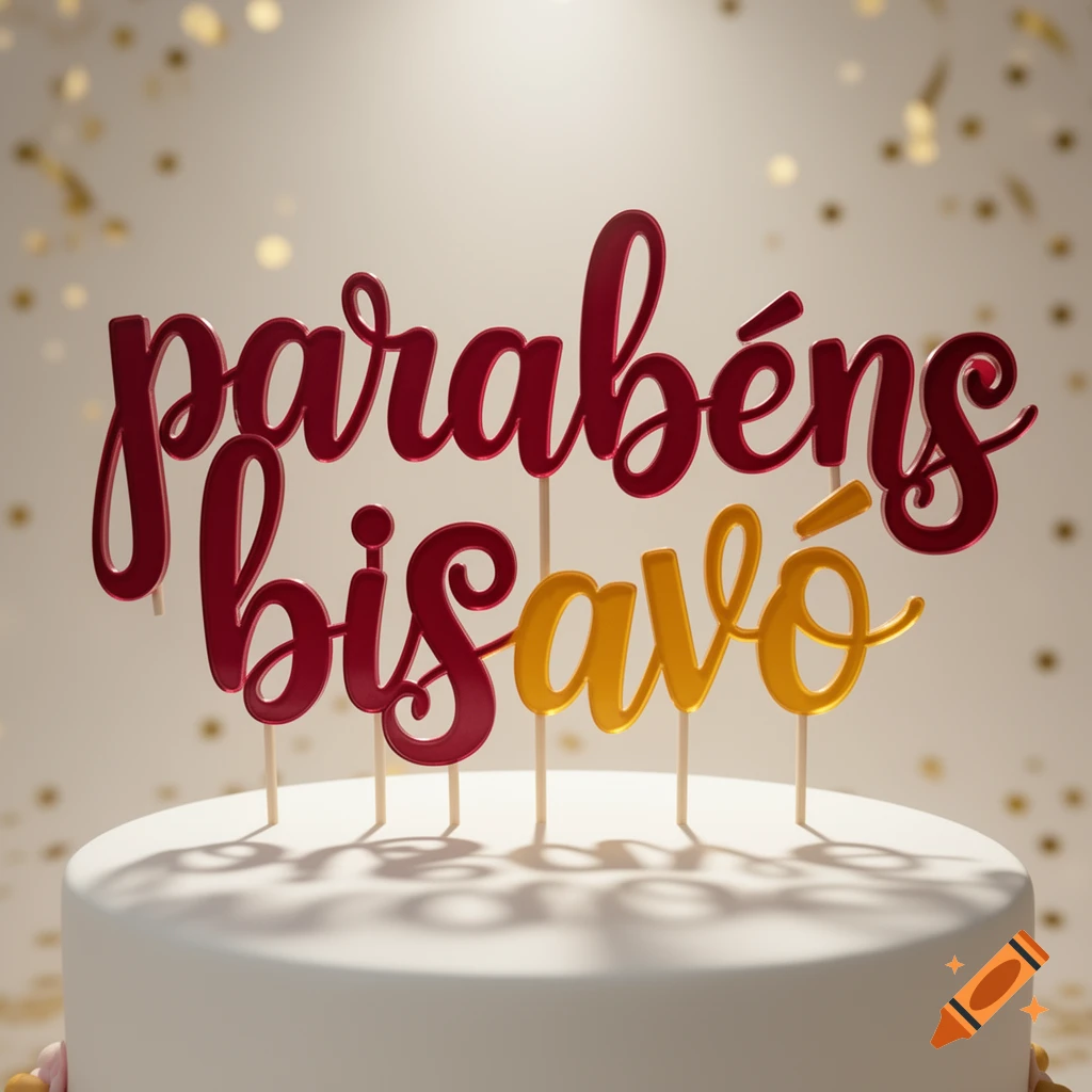 A red and yellow cake topper on a white cake says 'Parabéns Bisavó' (Congratulations Great-Grandmother).